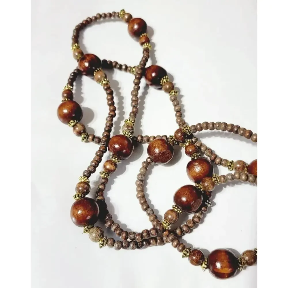 Vintage Long Wood Beaded Necklace 54” Boho Dark Brown‎ Gold-tone Tribal br01-09